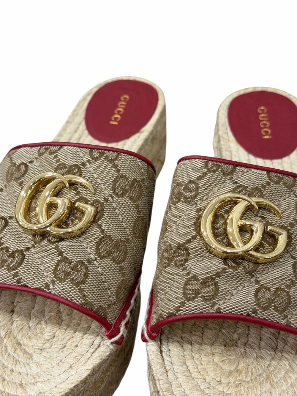 Gucci GG Canvas Platform Espadrille Slide Sandals Beige Red GG Logo EU 37.5